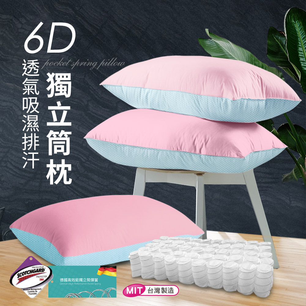 CERES 席瑞絲 6D透氣吸濕排汗獨立筒枕(淺藍網+粉紅布)/單顆入